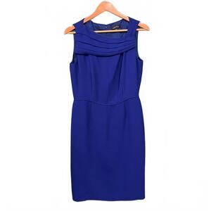 Tahari Women's Cobalt Blue Sheath Dress, Asymmetric Pleated Neck Work-to-Evening